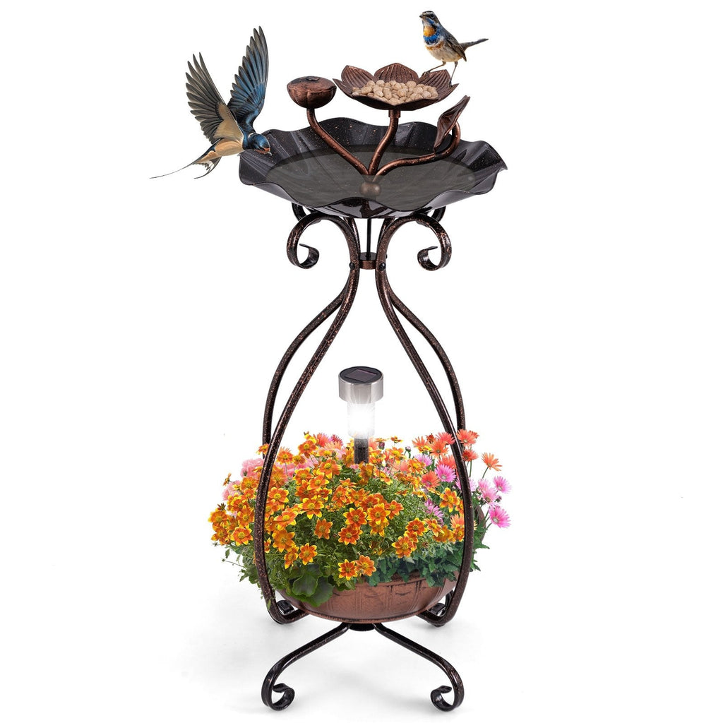 Solar Outdoor Bird Bath Feeder Combo with Flower Planter Pedestal and Solar Lights-Bronze