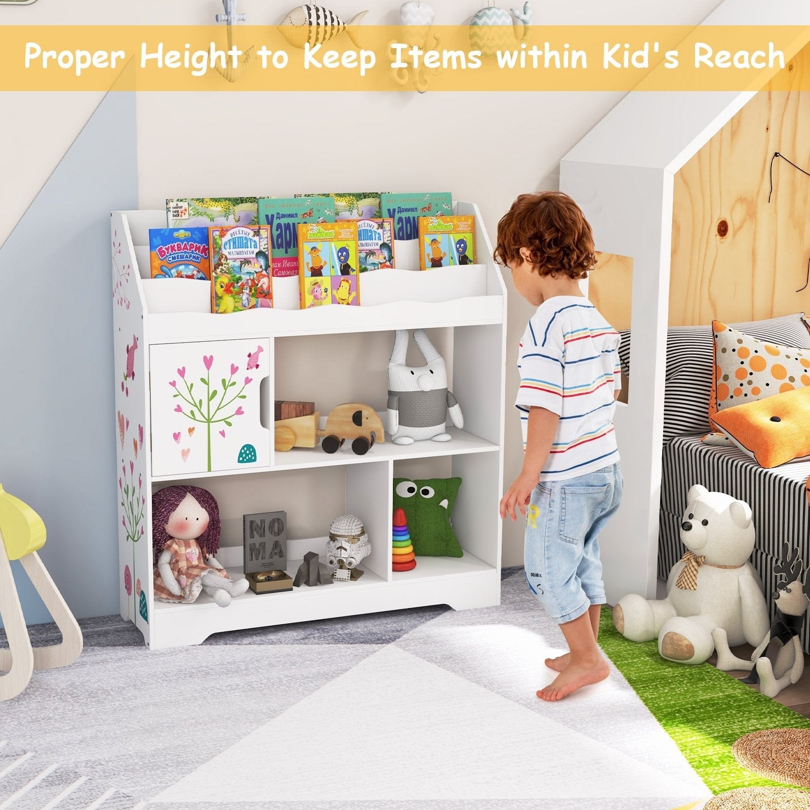 Kids Toy Storage Organizer with Book Shelf and Storage Cabinet-Navy