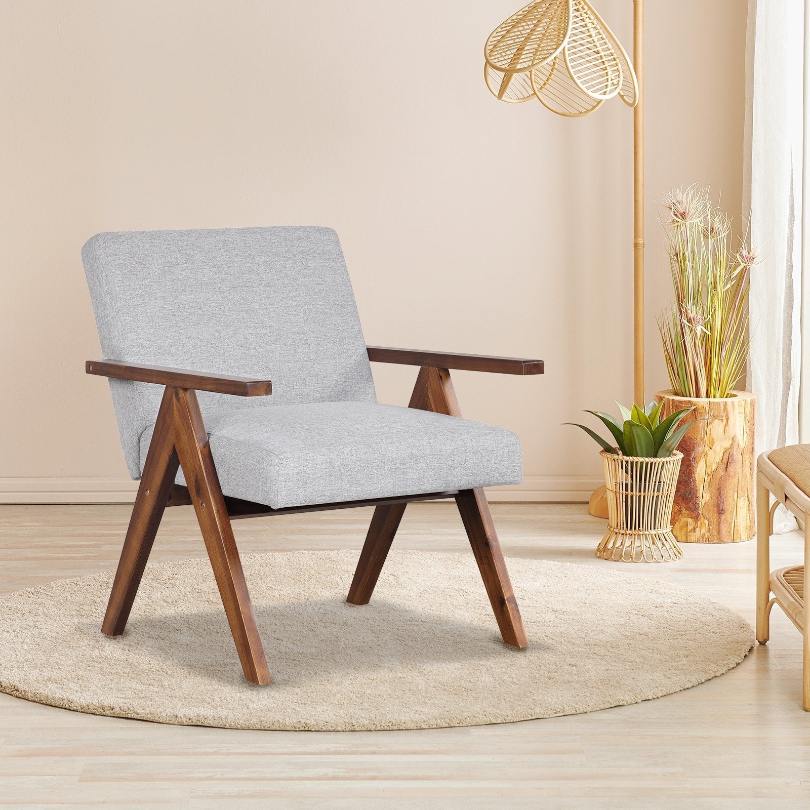 Modern Accent Chair Linen Fabric Armchair with Solid Acacia Wood Frame-Beige