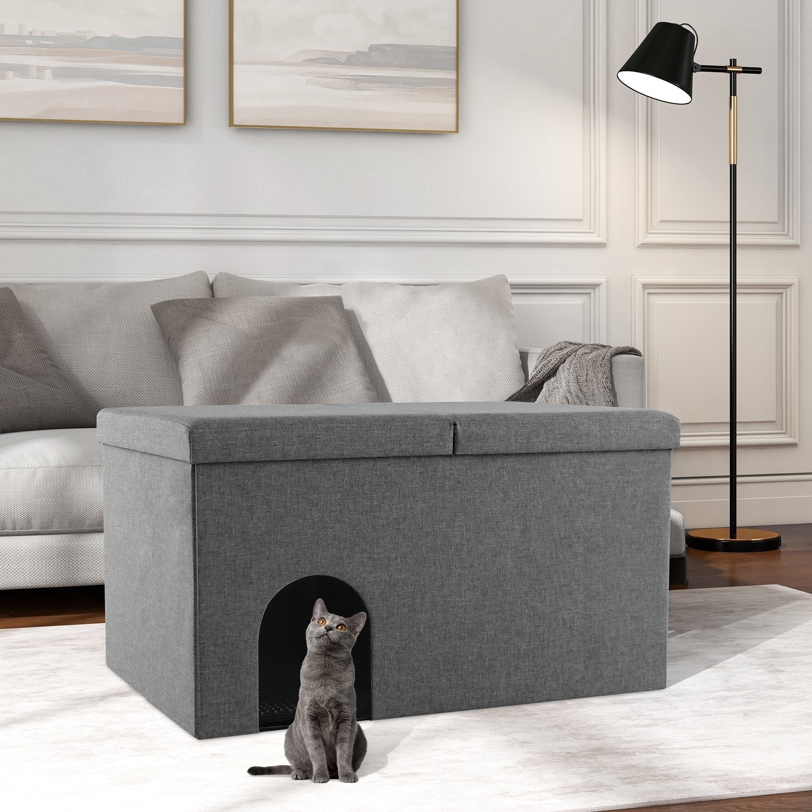 Cat Litter Box Enclosure Hidden Furniture with Urine Proof Litter Mat-Beige