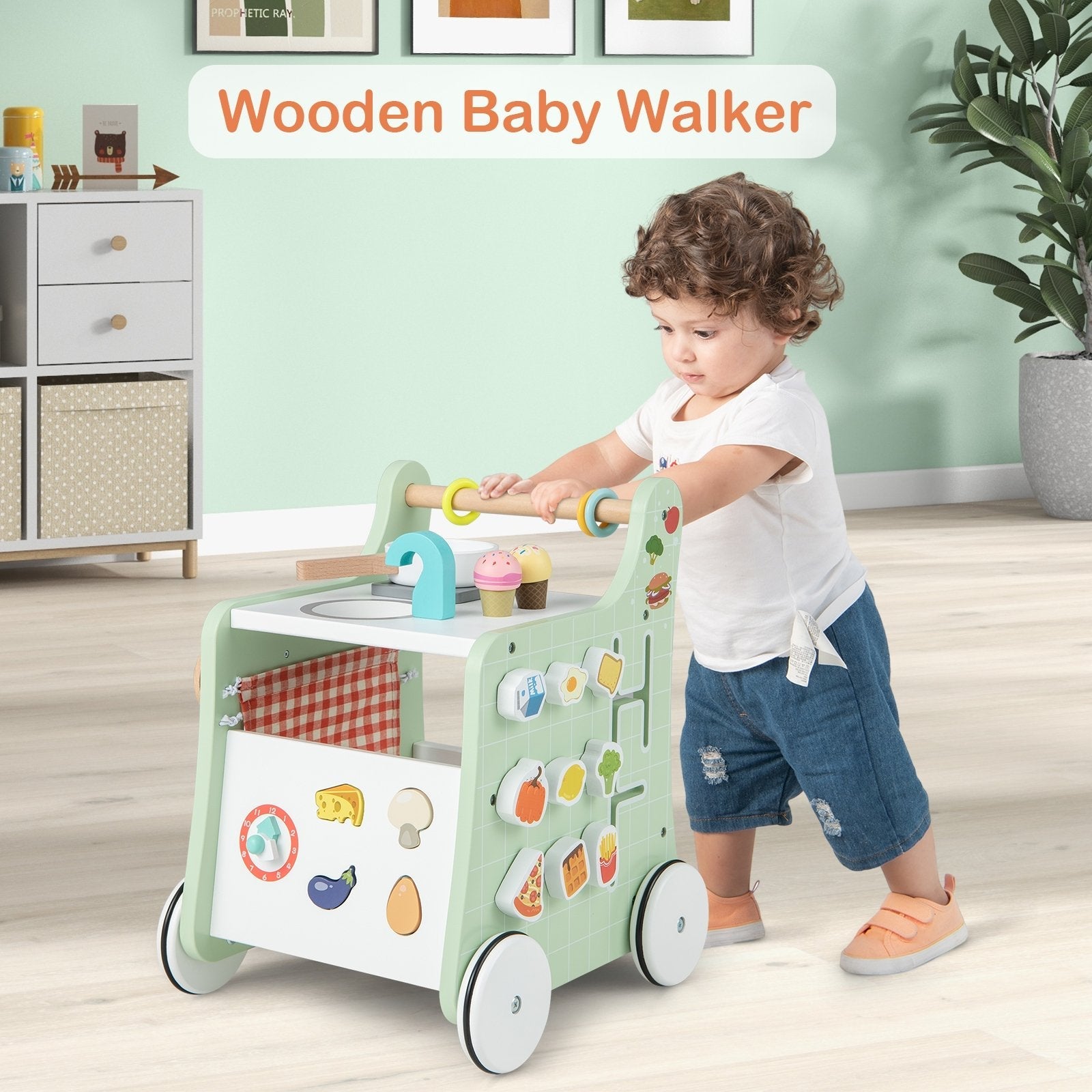 6-in-1 Wooden Baby Stroller with Play Kitchen for Kids Over 12 Months-Blue
