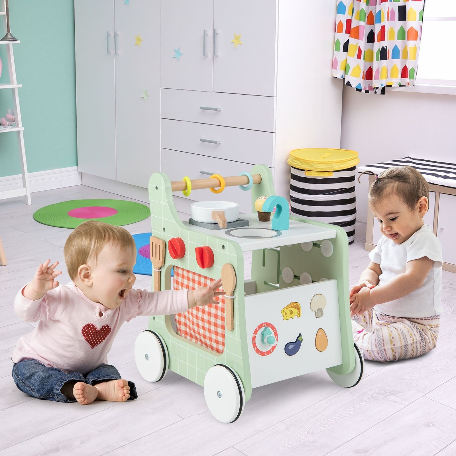 6-in-1 Wooden Baby Stroller with Play Kitchen for Kids Over 12 Months-Blue
