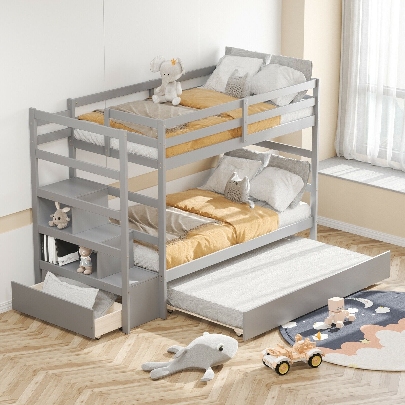 Twin Over Twin Bunk Bed with Storage Shelf and Drawer-Espresso