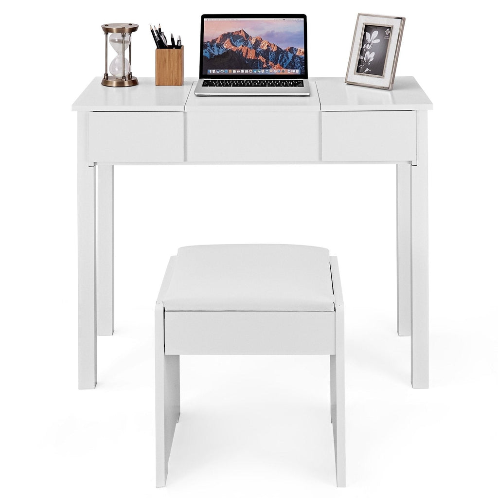 Vanity Makeup Dressing Table Set with Flip Top Mirror and Cushioned Stool-Black