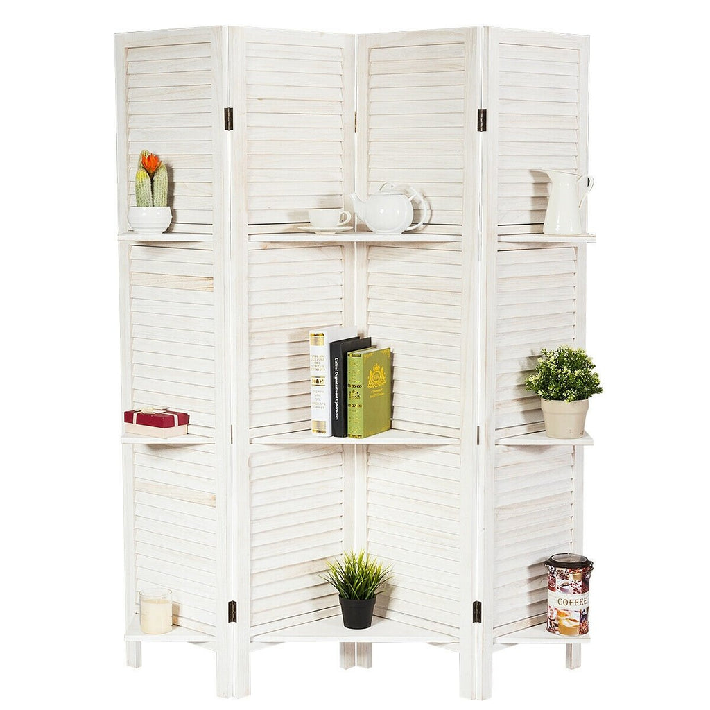 4 Panel Folding Room Divider Screen with 3 Display Shelves-Brown