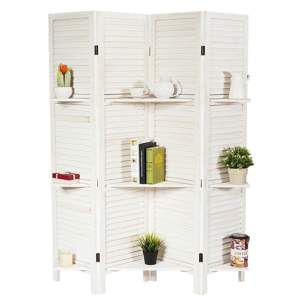 4 Panel Folding Room Divider Screen with 3 Display Shelves-Brown
