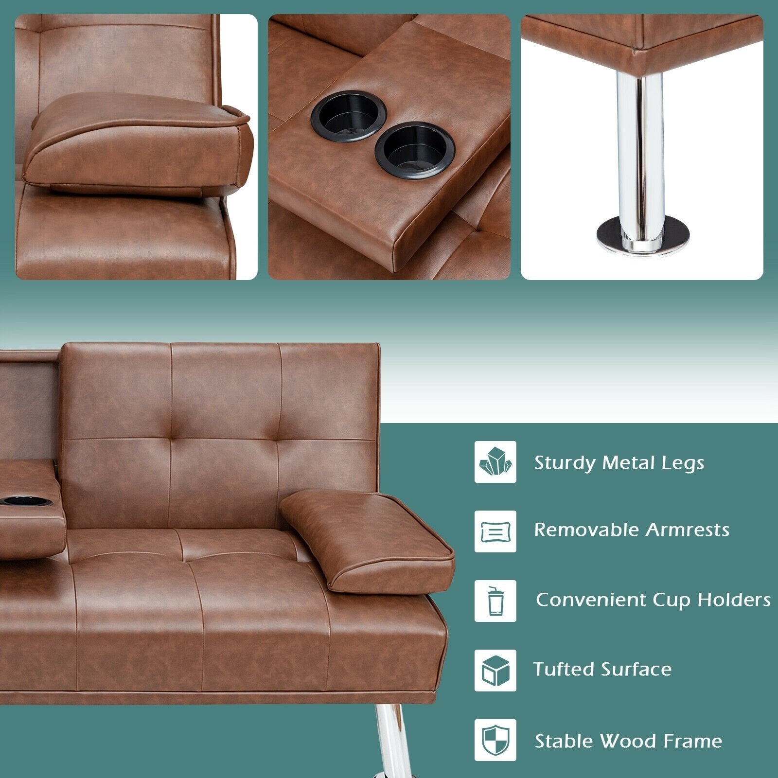 Convertible Folding Leather Futon Sofa with Cup Holders and Armrests-Black