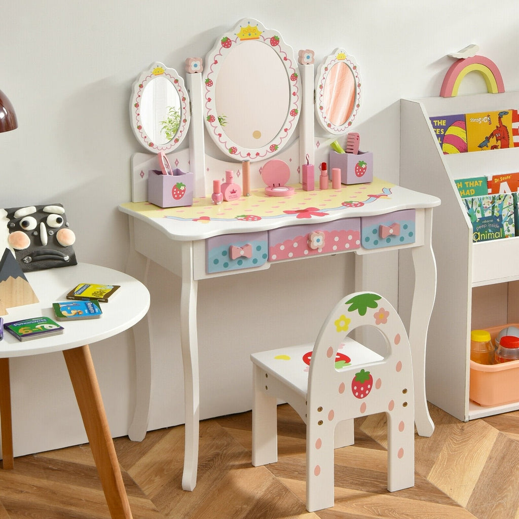 Kids Vanity Princess Makeup Dressing Table Chair Set with Tri-fold Mirror-Pink