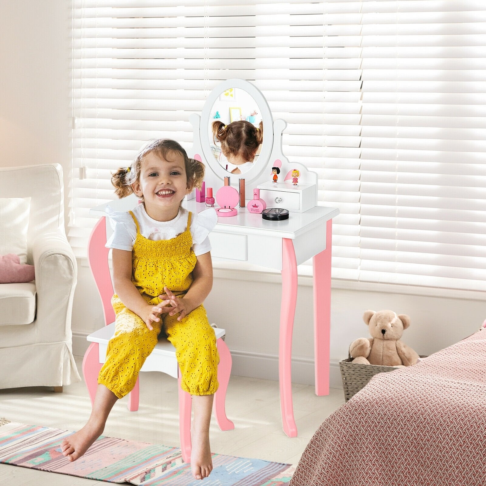 Kids Vanity Princess Makeup Dressing Table Stool Set with Mirror and Drawer-Pink