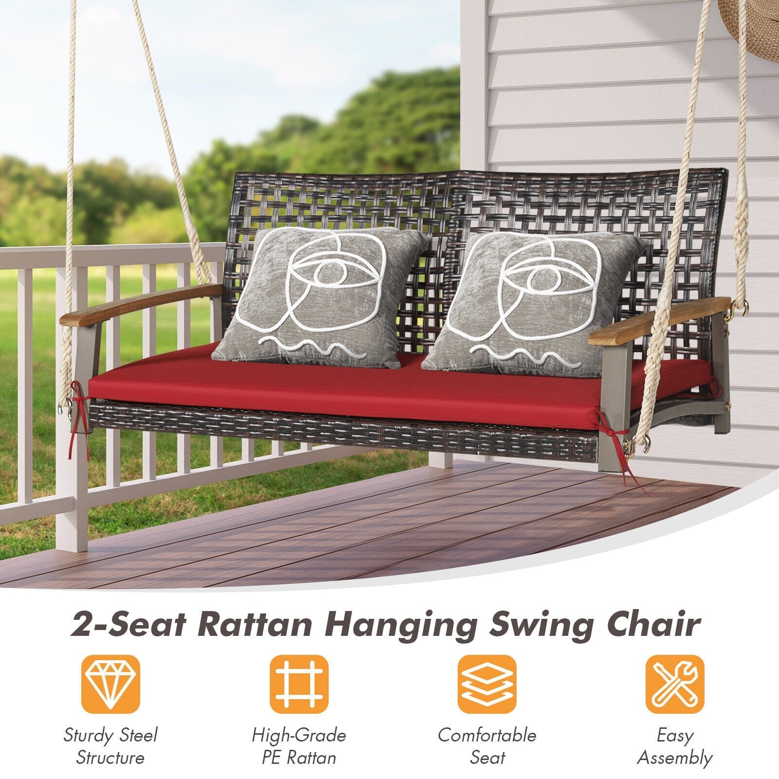 2-Person Rattan Hanging Porch Swing Chair-Black