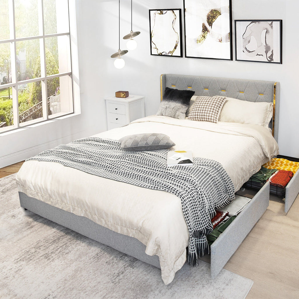 Full/Queen Size Upholstered Bed Frame with 4 Drawers-Silver-Full Size