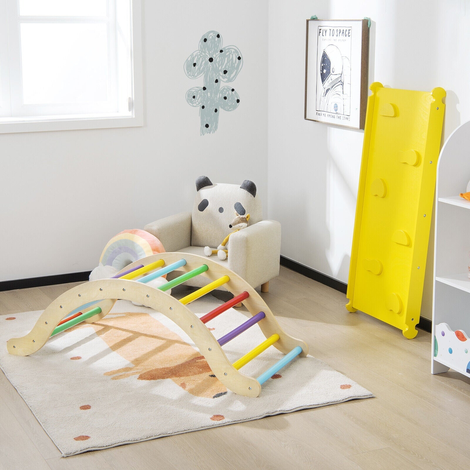 3-in-1 Kids Climber Set Wooden Arch Triangle Rocker with Ramp and Mat-Natural