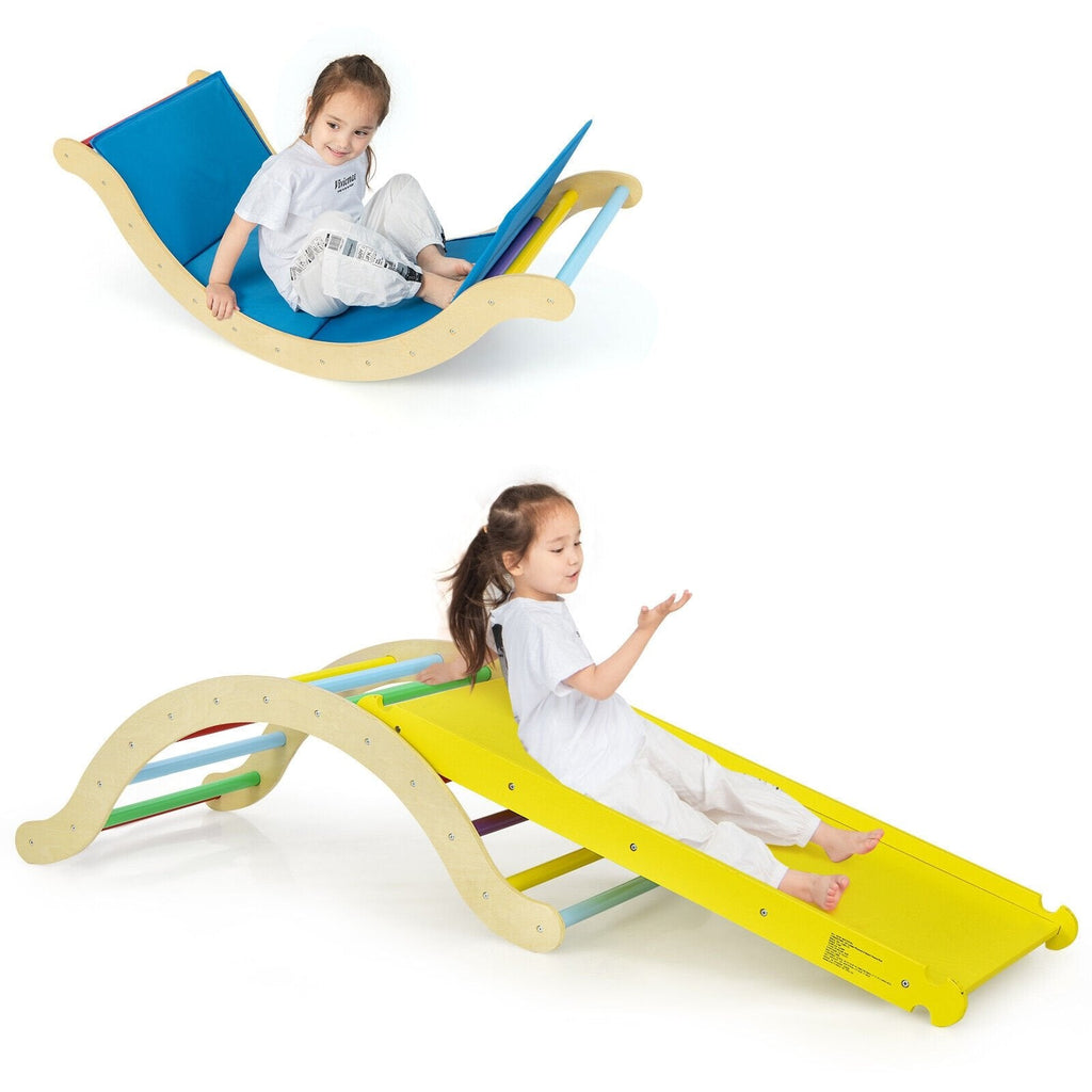 3-in-1 Kids Climber Set Wooden Arch Triangle Rocker with Ramp and Mat-Natural