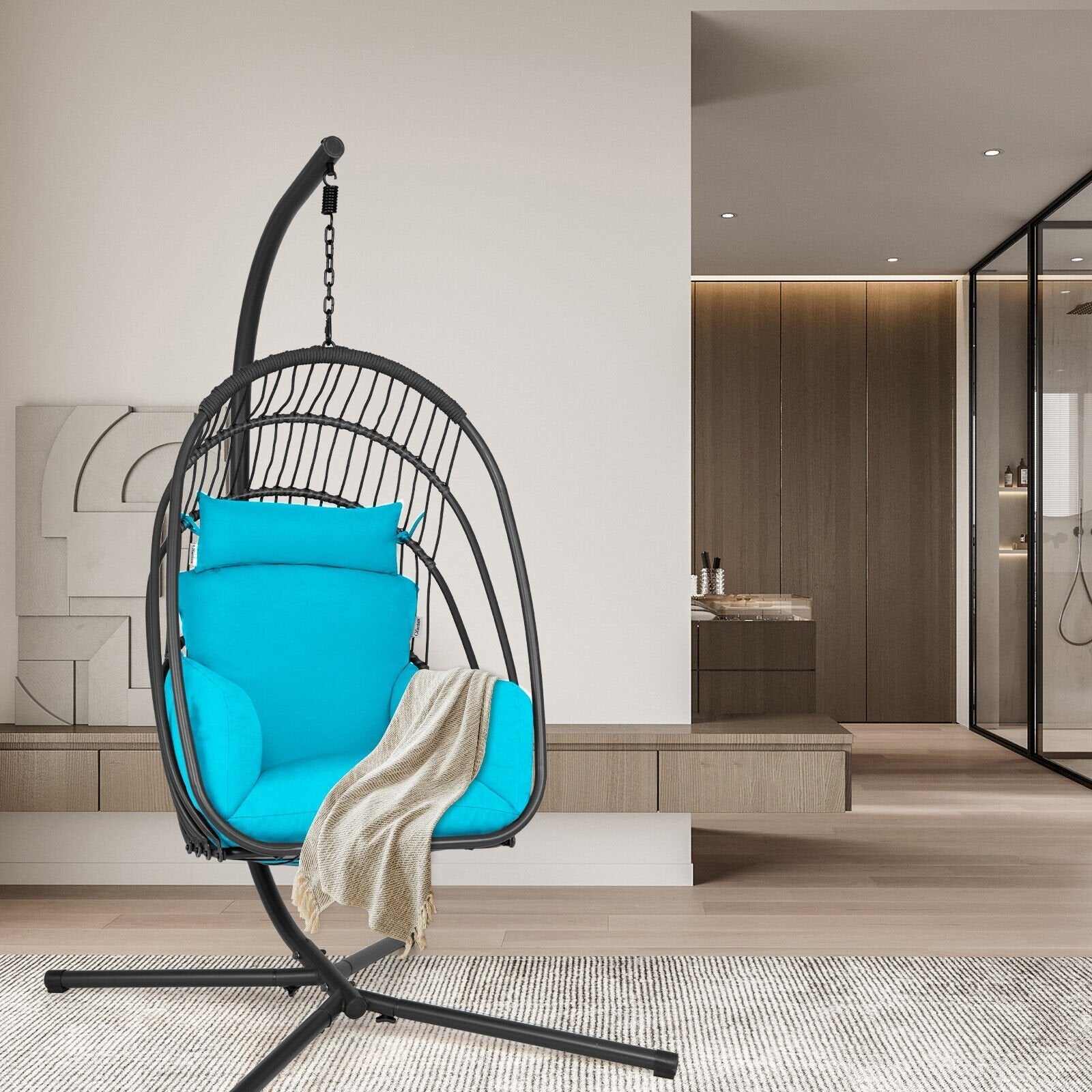 Hanging Folding Egg Chair with Stand Soft Cushion Pillow Swing Hammock-Gray