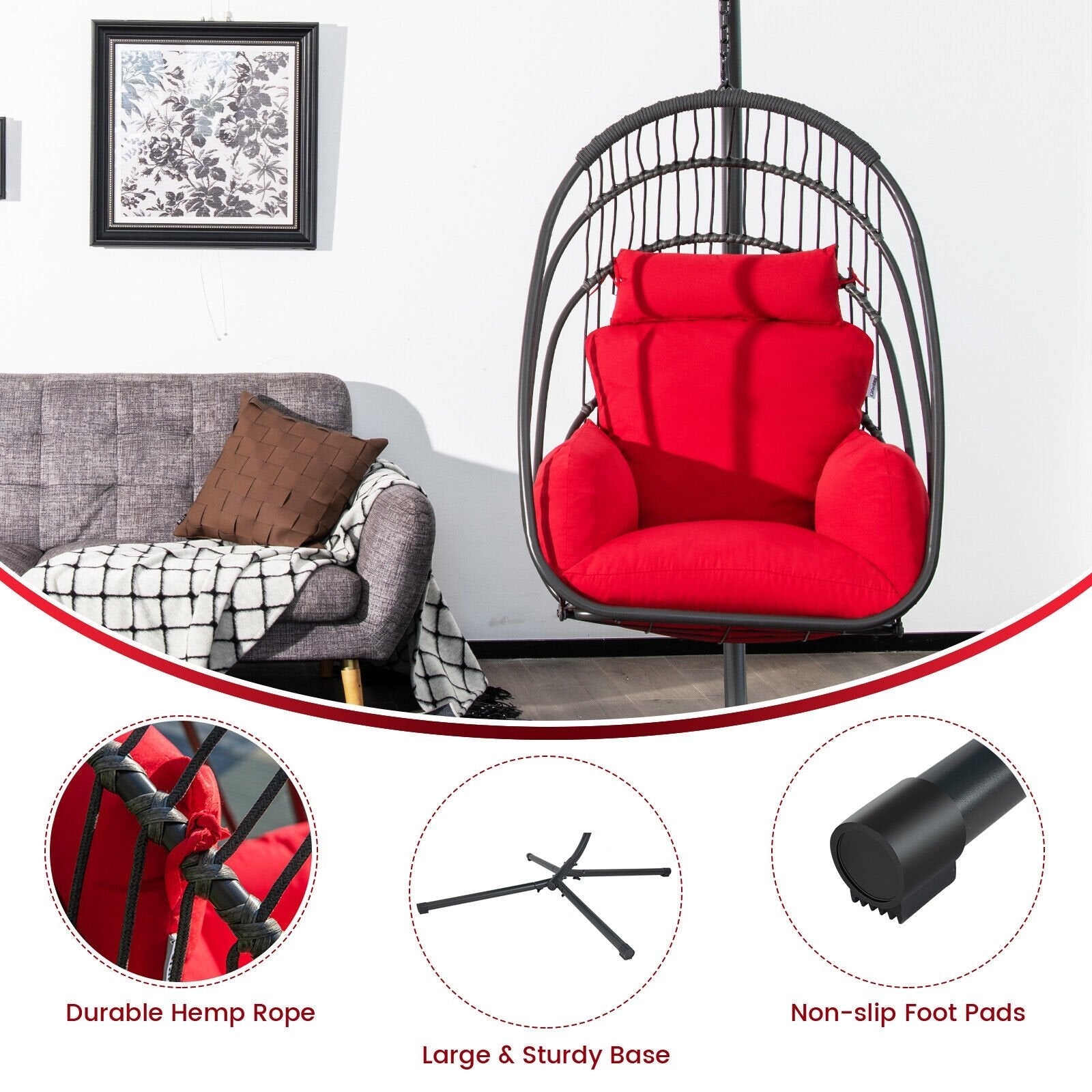 Hanging Folding Egg Chair with Stand Soft Cushion Pillow Swing Hammock-Gray