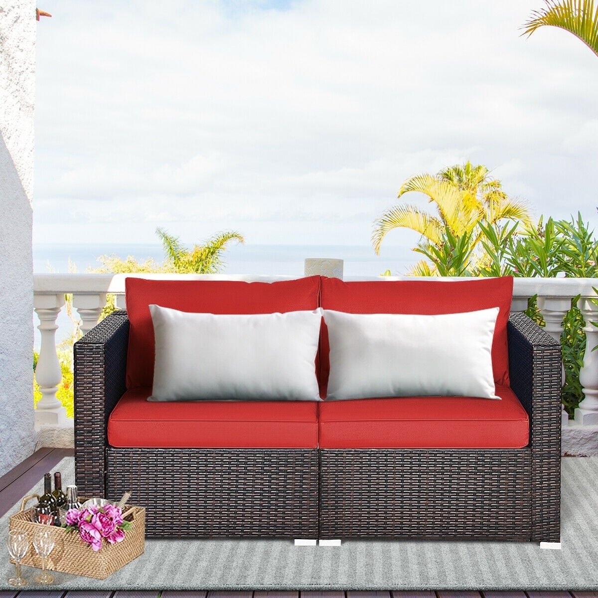 2 Pieces Patio Rattan Sectional Conversation Sofa Set-Beige