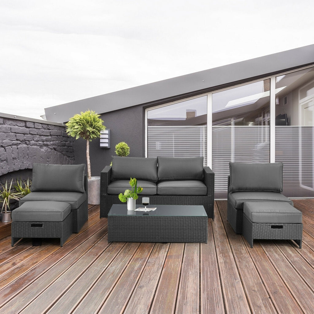6 Pieces Patio Rattan Furniture Set Space Saving Cushioned No Assembly-Gray