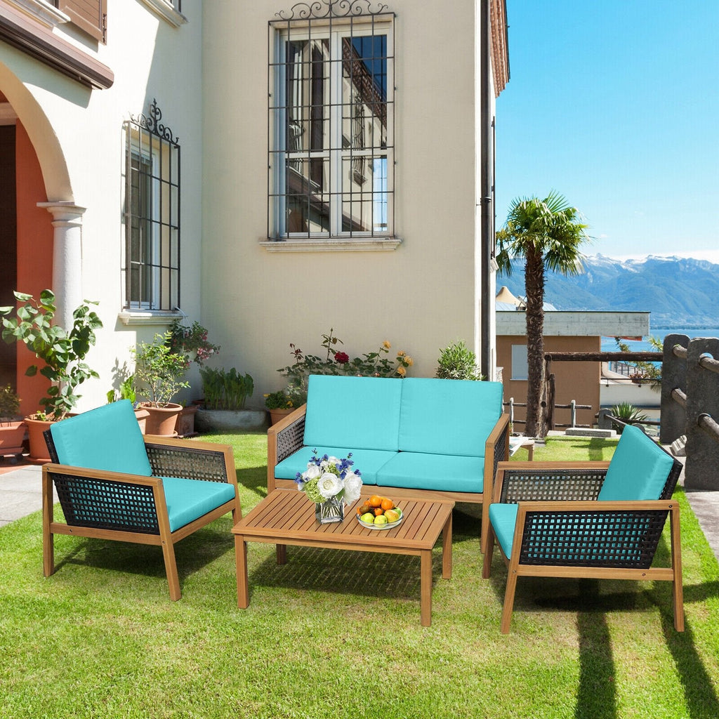 4 Pieces Patio Rattan Furniture Set with Removable Cushions-Gray