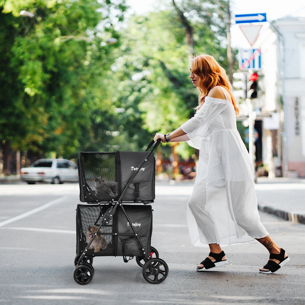 4-in-1 Double Pet Stroller with Detachable Carrier and Travel Carriage-Beige