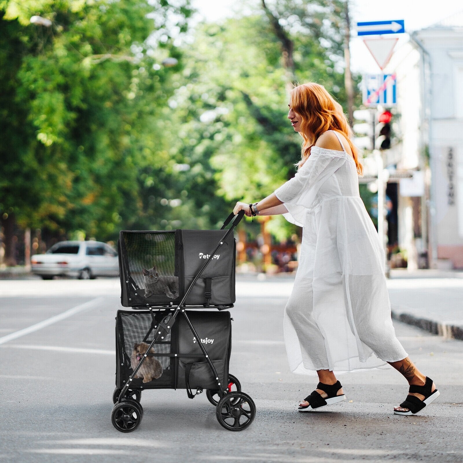 4-in-1 Double Pet Stroller with Detachable Carrier and Travel Carriage-Beige