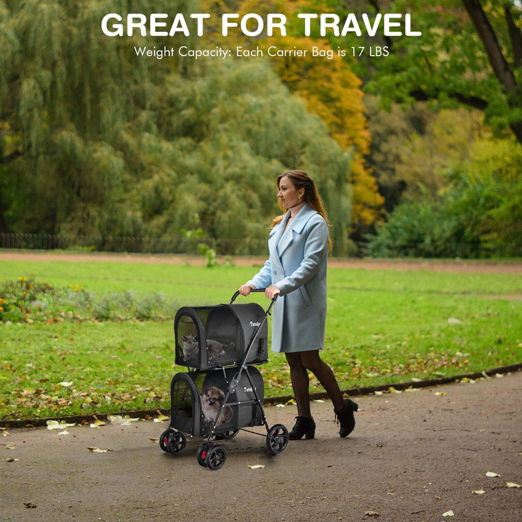 4-in-1 Double Pet Stroller with Detachable Carrier and Travel Carriage-Beige