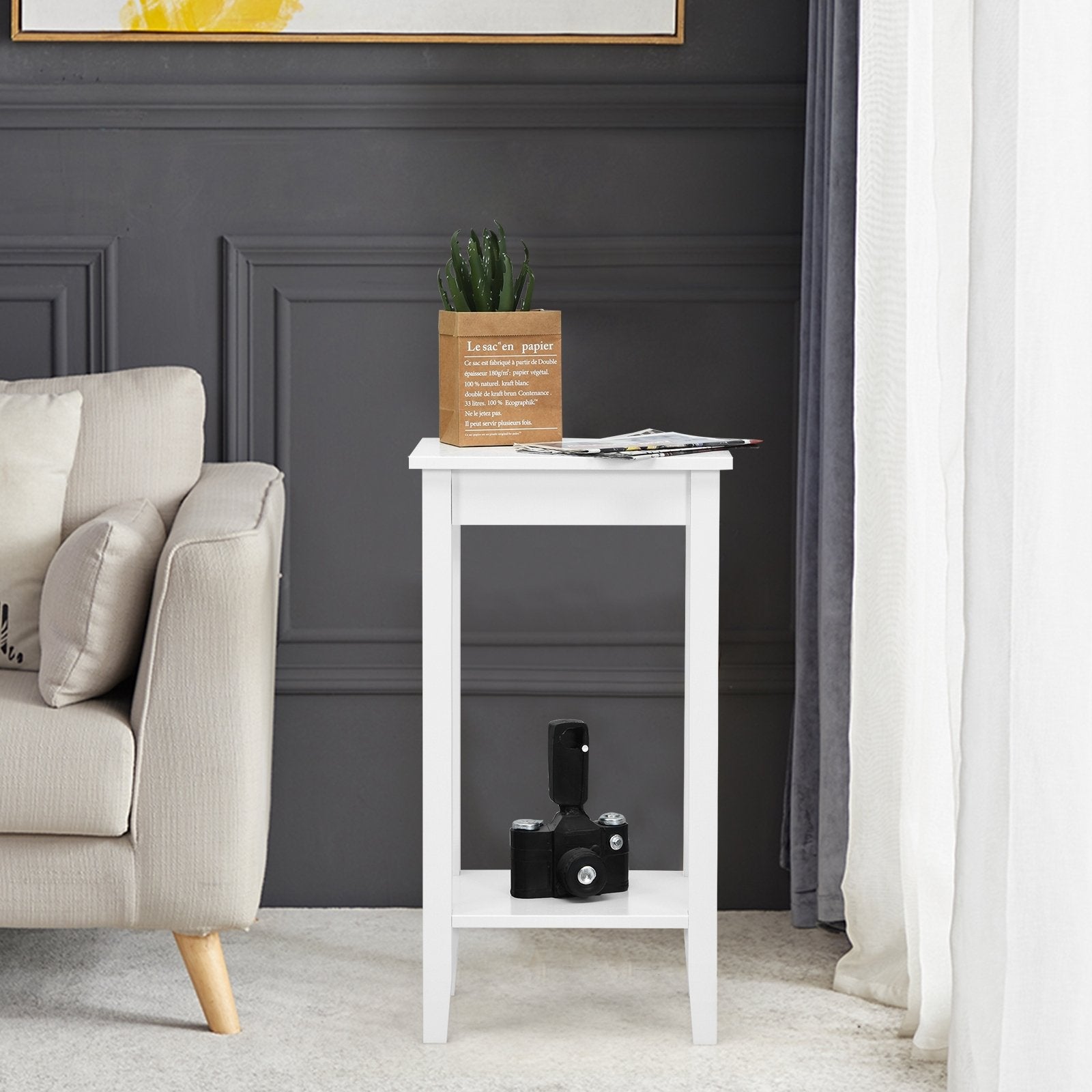 2-Tier Nightstand End Side Wooden Legs Table for Bedroom-Black