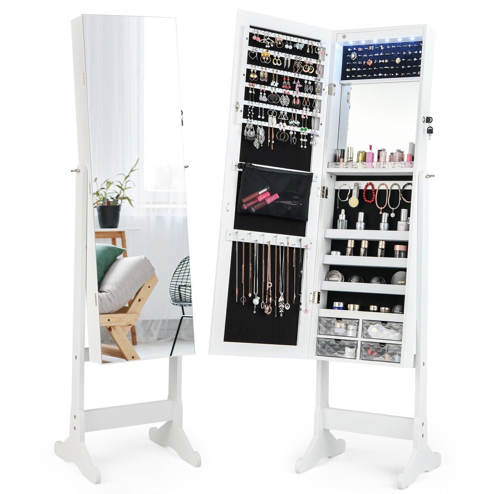 Free Standing Full Length Jewelry Armoire with Lights in Black