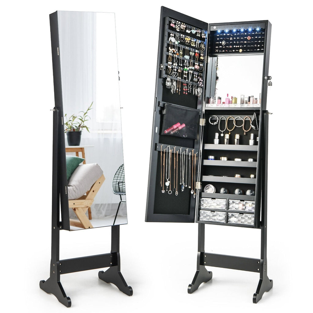 Free Standing Full Length Jewelry Armoire with Lights in Black