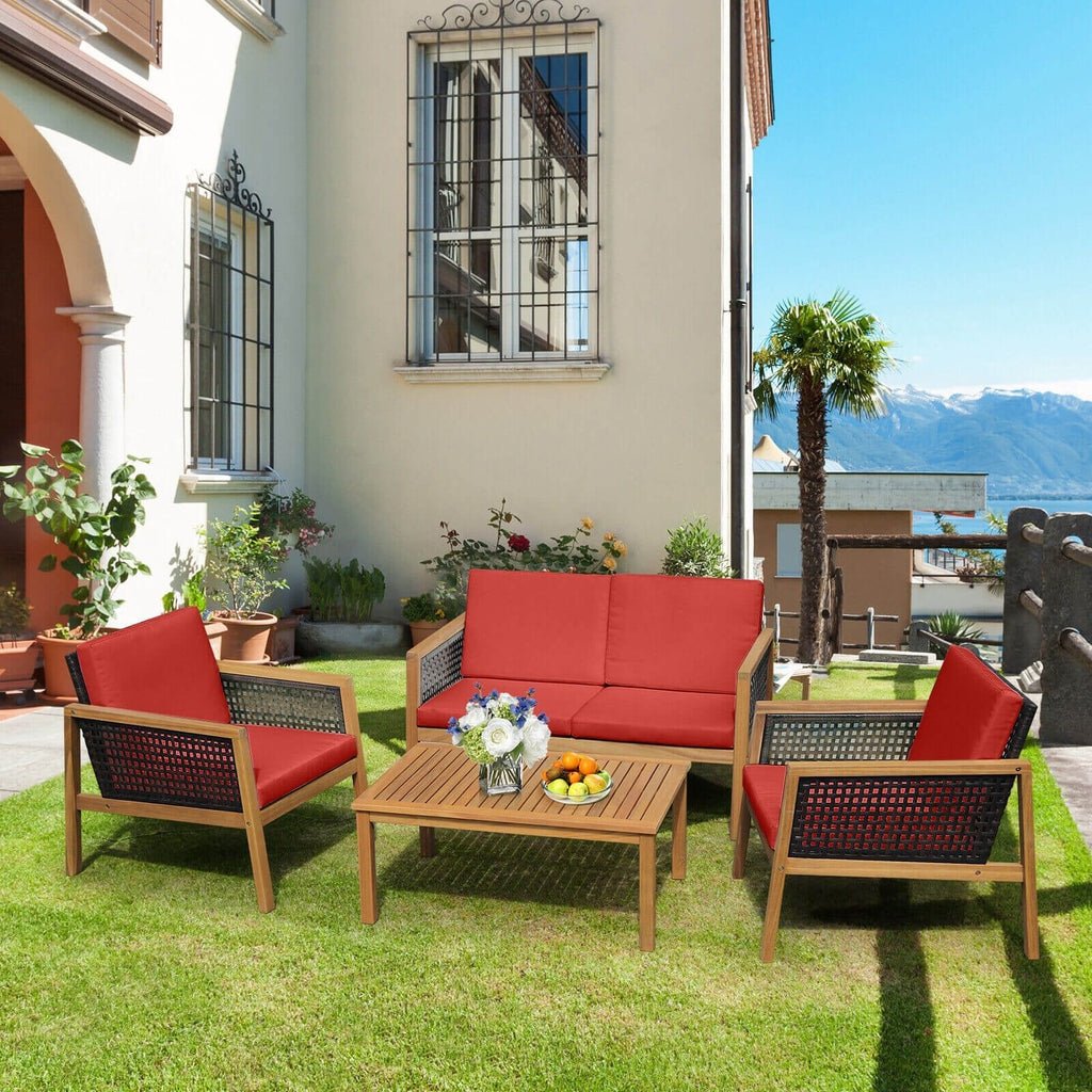 4 Pieces Patio Rattan Furniture Set with Removable Cushions-Gray