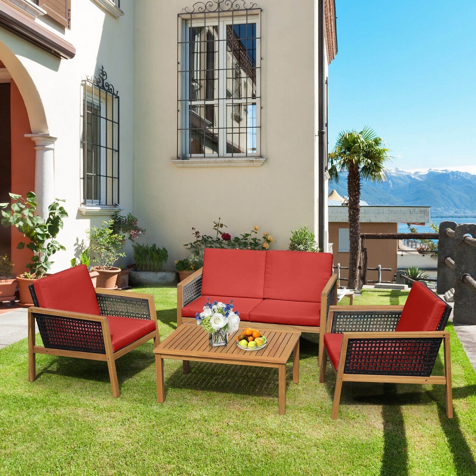 4 Pieces Patio Rattan Furniture Set with Removable Cushions-Gray