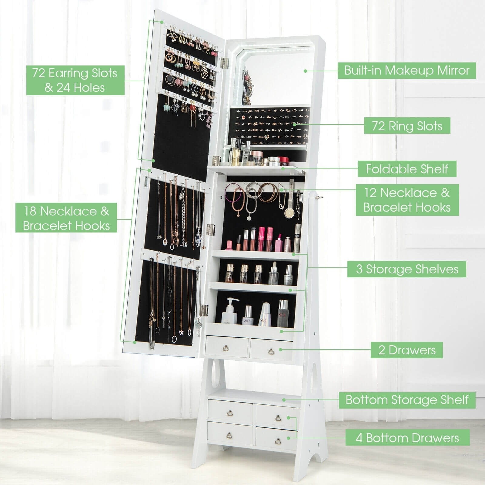 Freestanding Full Length LED Mirrored Jewelry Armoire with 6 Drawers-Black