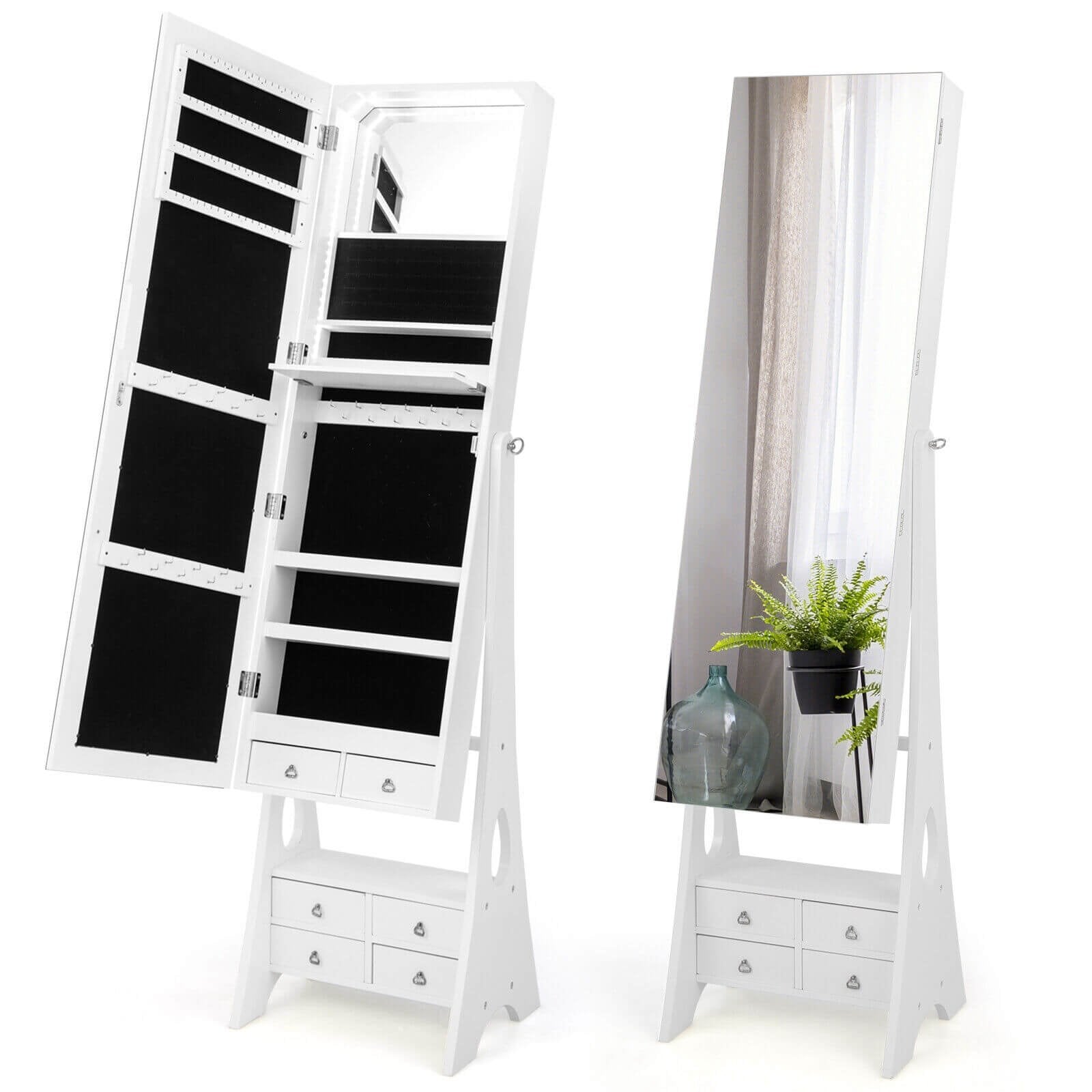 Freestanding Full Length LED Mirrored Jewelry Armoire with 6 Drawers-Black
