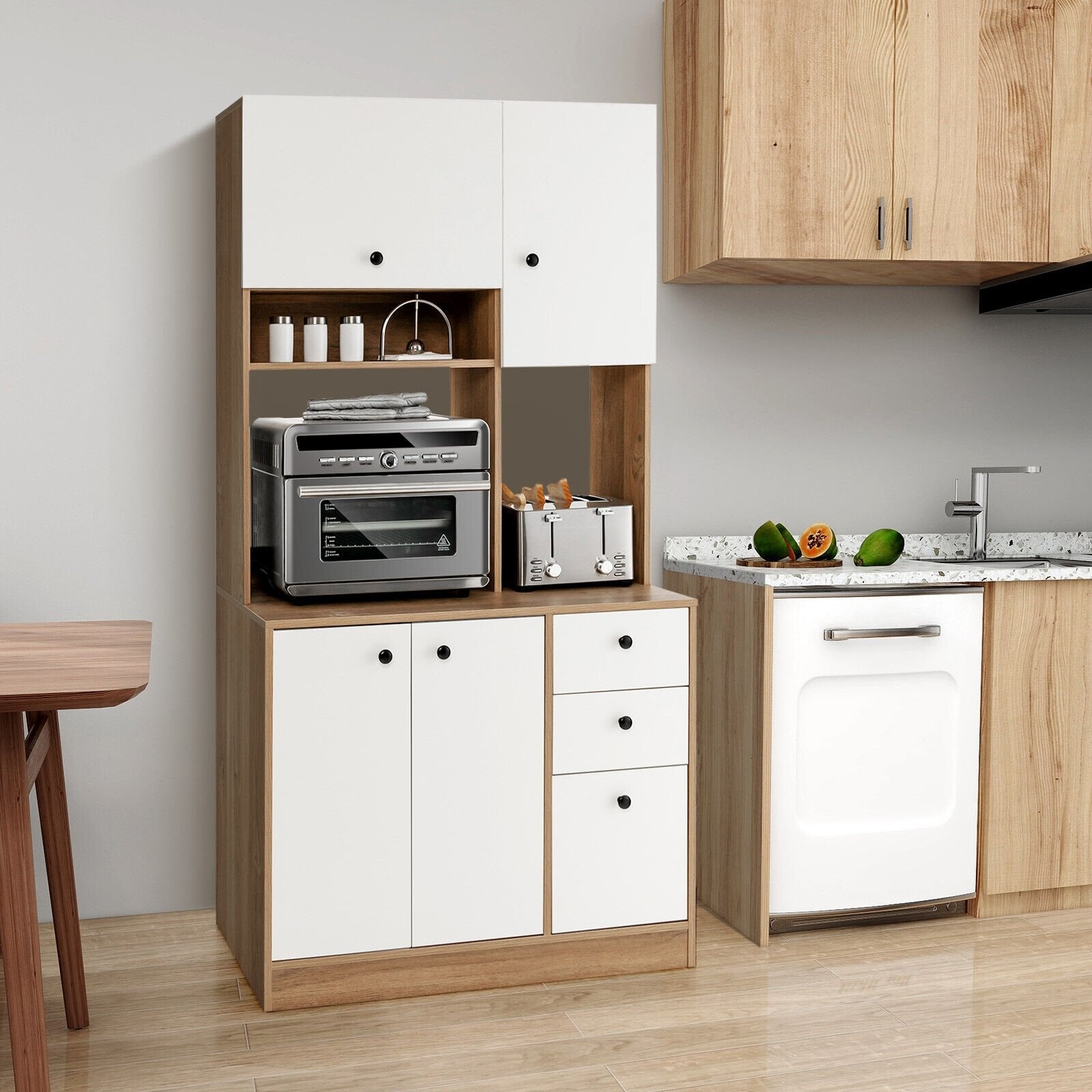 71 Inch Kitchen Pantry with 3 Storage Cabinet and 3 Deep Drawers-Black