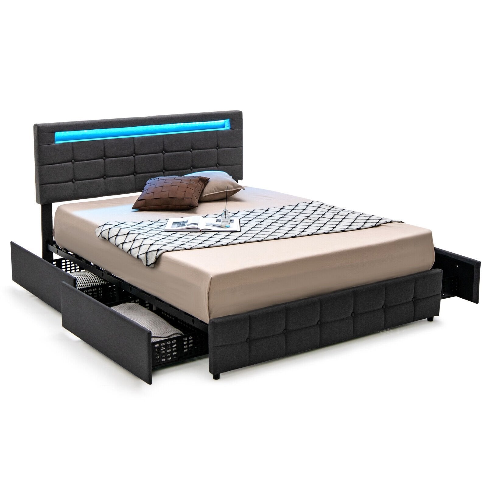 Upholstered LED Bed Frame with Headboard and 4 Drawers-Full Size