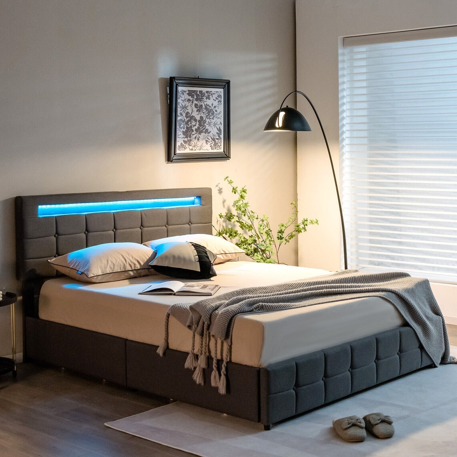 Upholstered LED Bed Frame with Headboard and 4 Drawers-Full Size