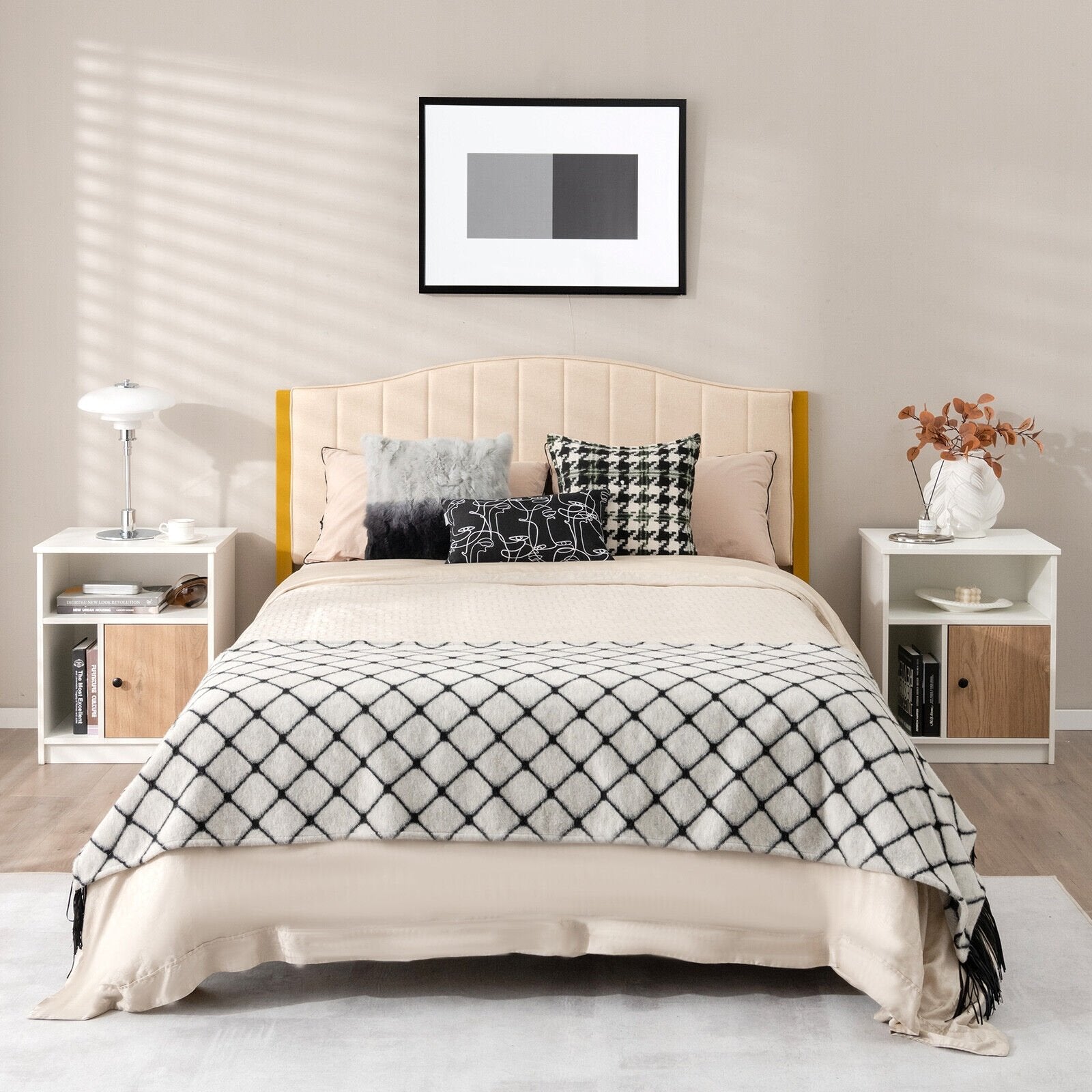 2 Pieces 25 Inch Tall Nightstands with Door and 2 Open Shelves-White