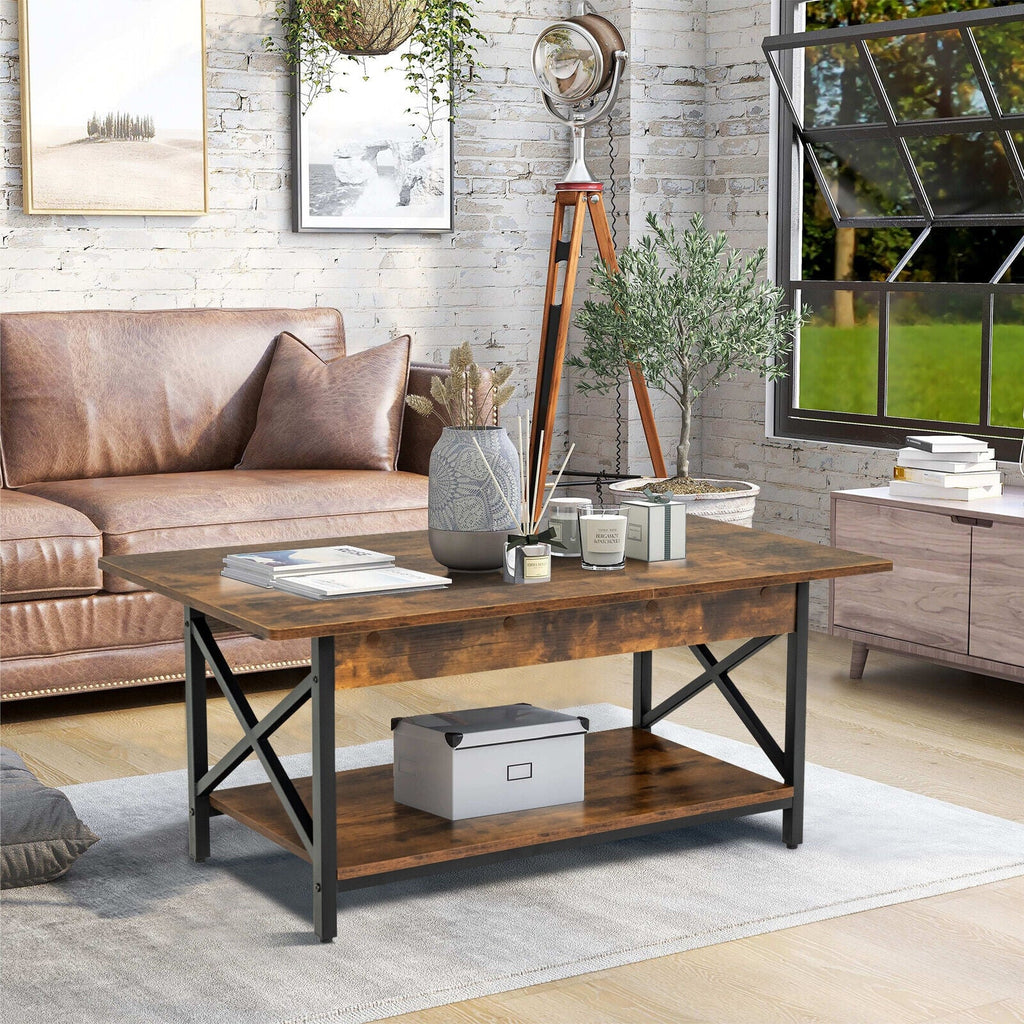 2-Tier Industrial Rectangular Coffee Table with Storage Shelf-Black