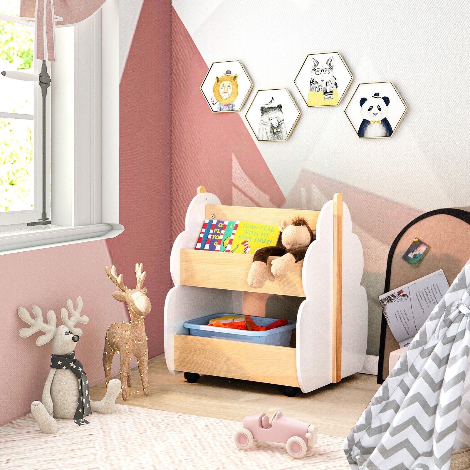 Kids Wooden Bookshelf with Universal Wheels-Gray