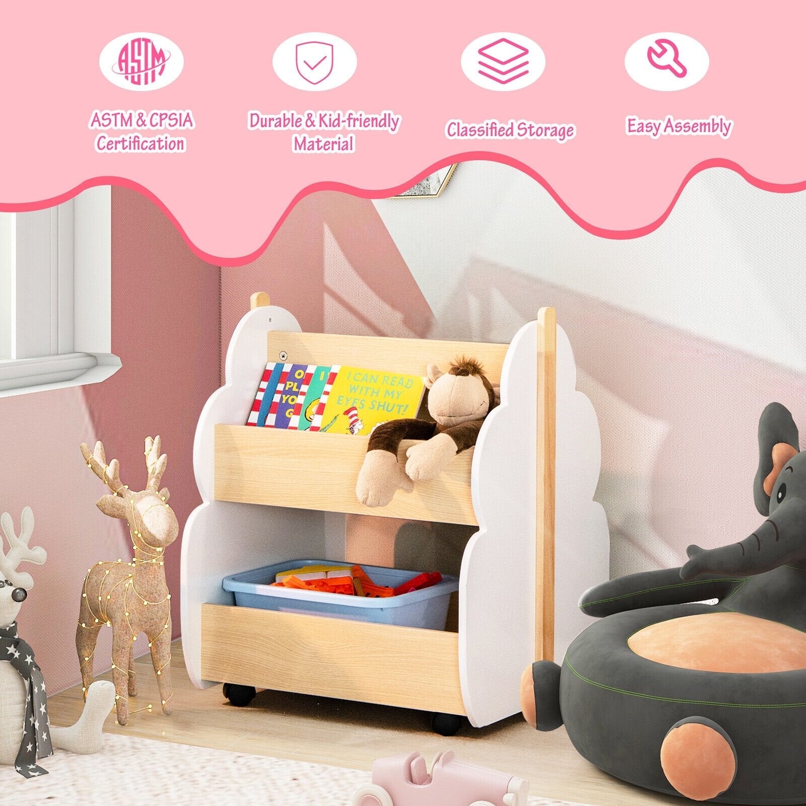 Kids Wooden Bookshelf with Universal Wheels-Gray