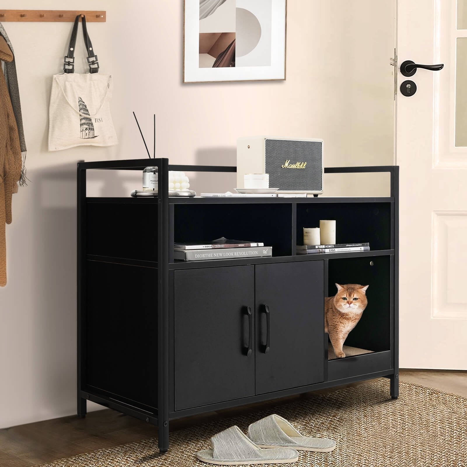 Hidden Cat Washroom with Double Doors and Scratch Cardboard-Black