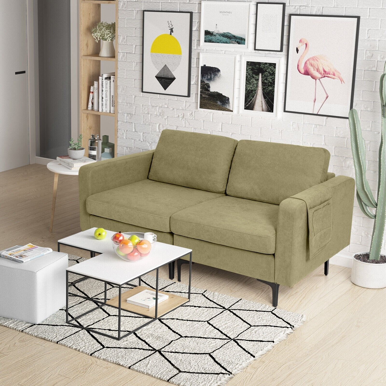 Modern Loveseat Sofa Couch with Side Storage Pocket and Sponged Padded Seat Cushions-Blue