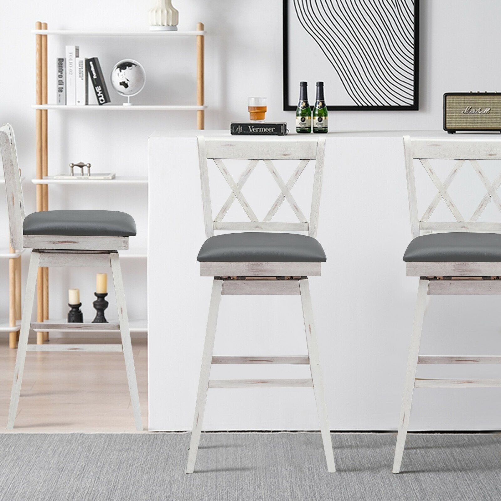 2 Pieces 29 Inch Swivel Counter Height Barstool Set with Rubber Wood Legs-Black
