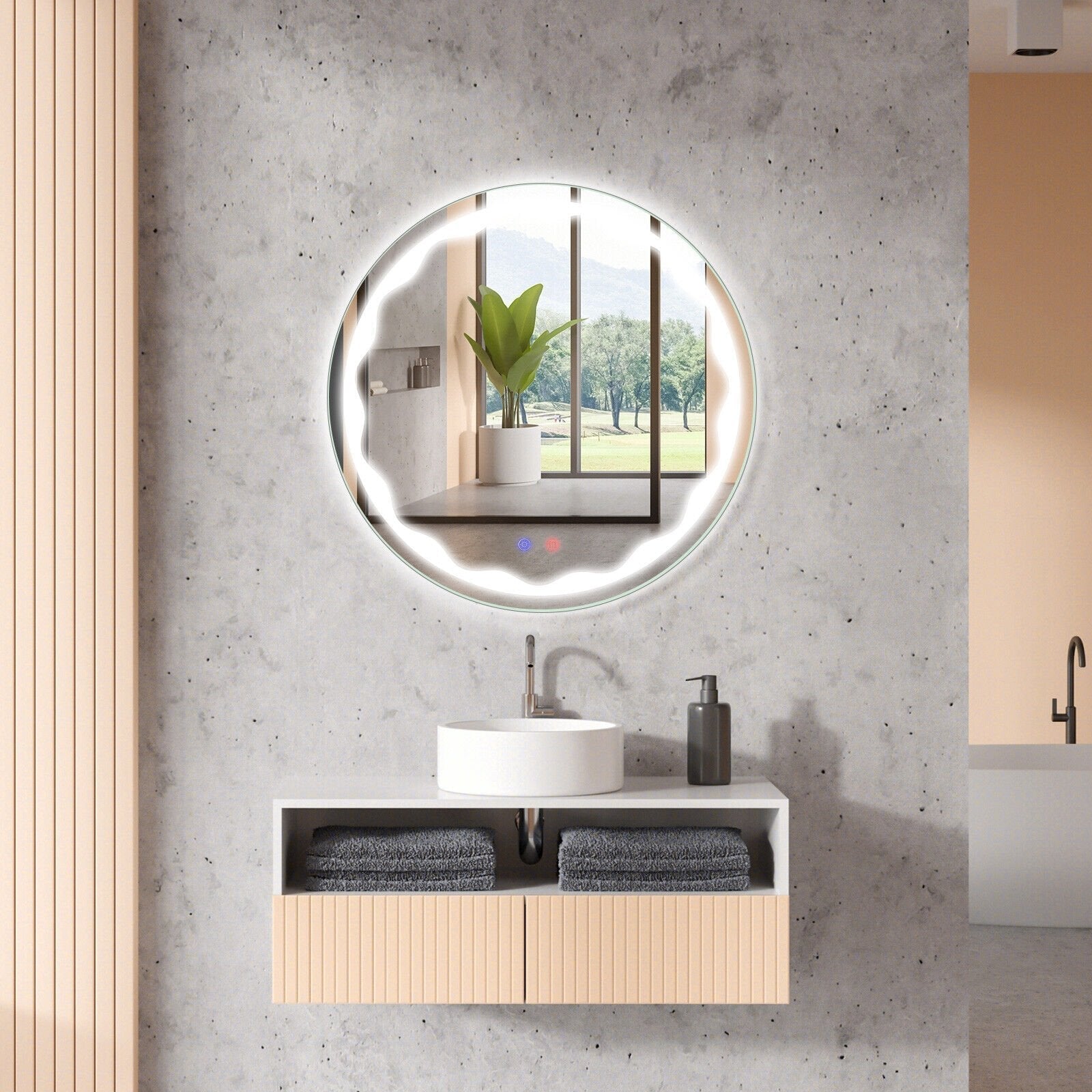 24 Inch Round Wall Mirror with 3-Color LED Lights and Smart Touch Button