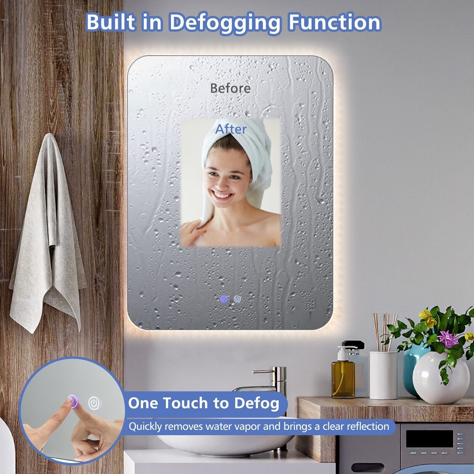 32 x 24 Inch Shatterproof Wall Mirror with 3-Color Lights and  Anti-Fog Function