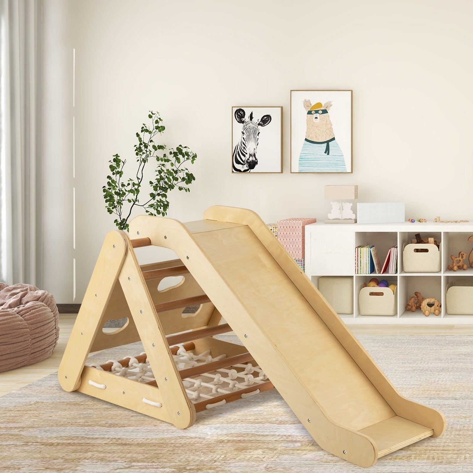 4 in 1 Triangle Climber Toy with Sliding Board and Climbing Net-Multicolor