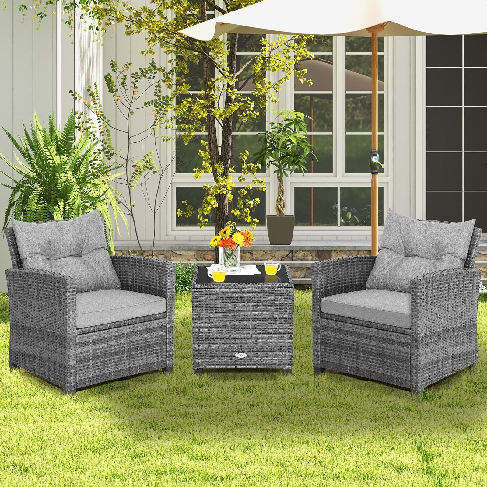 3 Pieces Outdoor Wicker Conversation Set with Tempered Glass Tabletop-Black