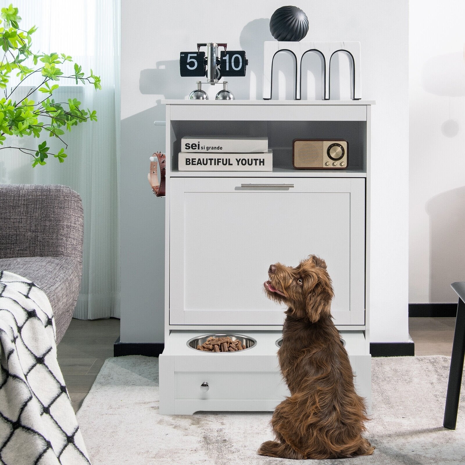 Pet Feeder Station with Stainless Steel Bowl-Coffee
