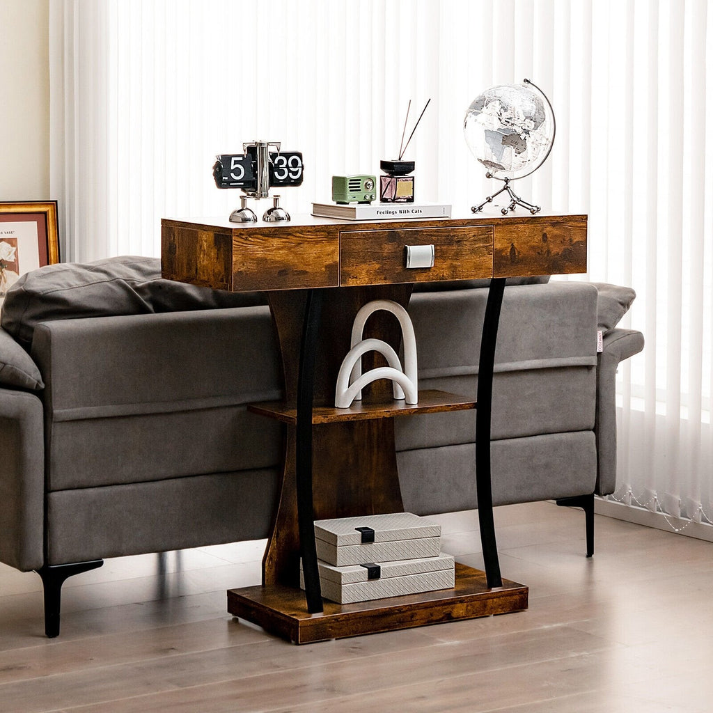Console Table with Drawer and 2-Tier Shelves for Entryway Living Room-Black