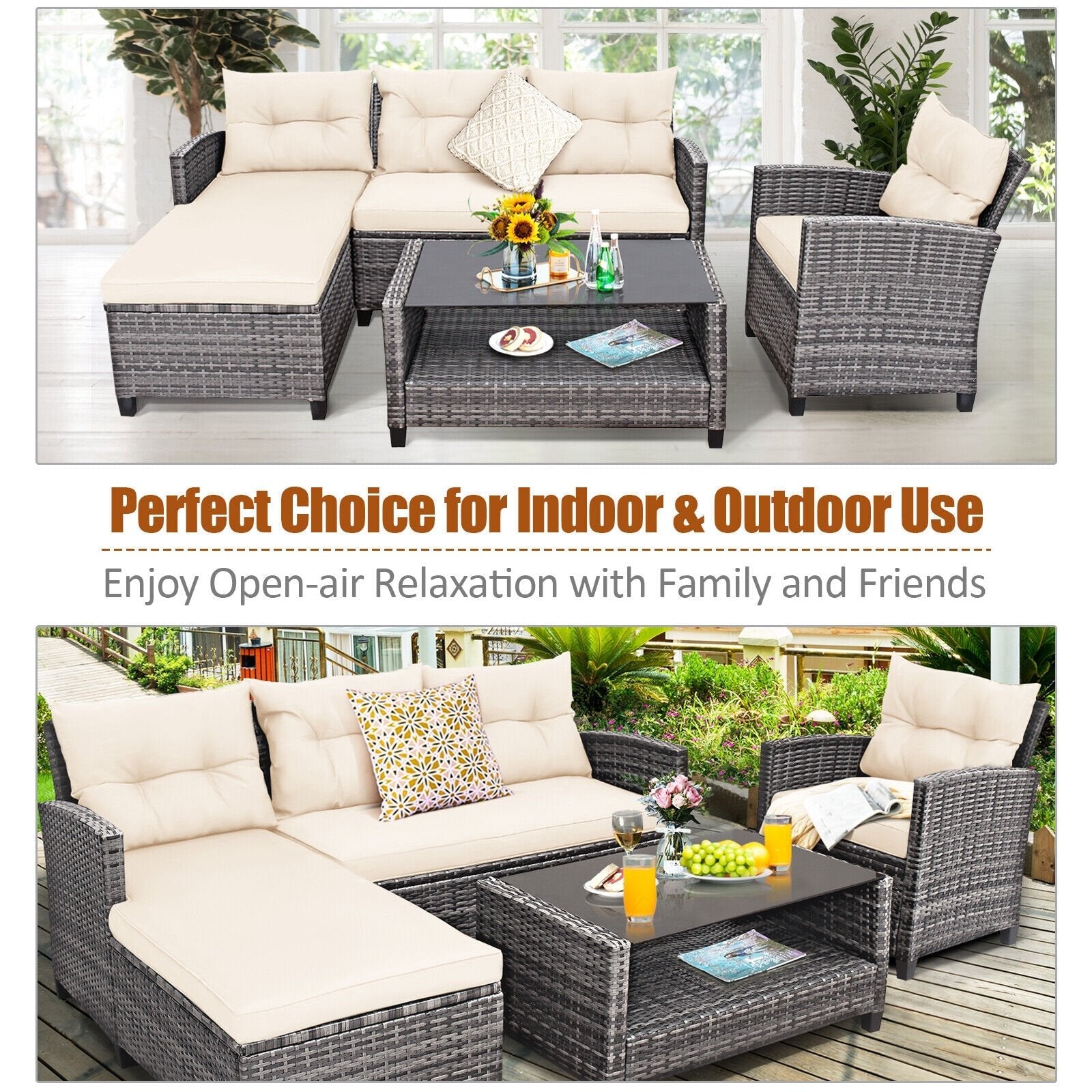 4 Pieces Patio Rattan Sofa Furniture Set with Cushion and 2-Tier Coffee Table-Black