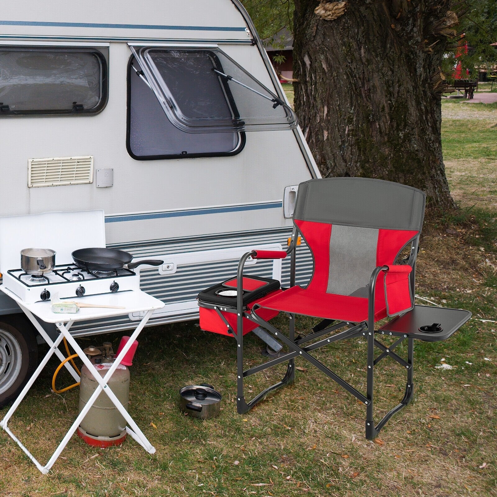 Folding Camping Directors Chair with Cooler Bag and Side Table-Black
